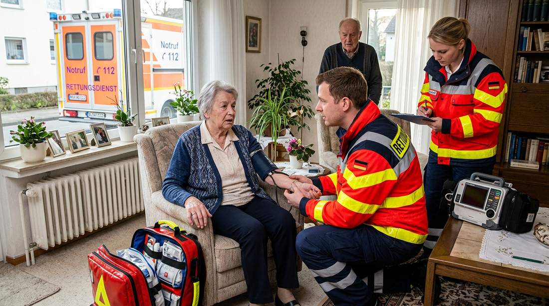 Frau mit Schlaganfall wird vom Rettungsdienst versorgt